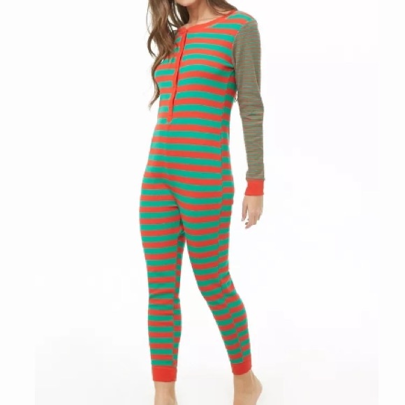 Forever 21 Other - Women’s onesie one piece striped thermal pajama PJ